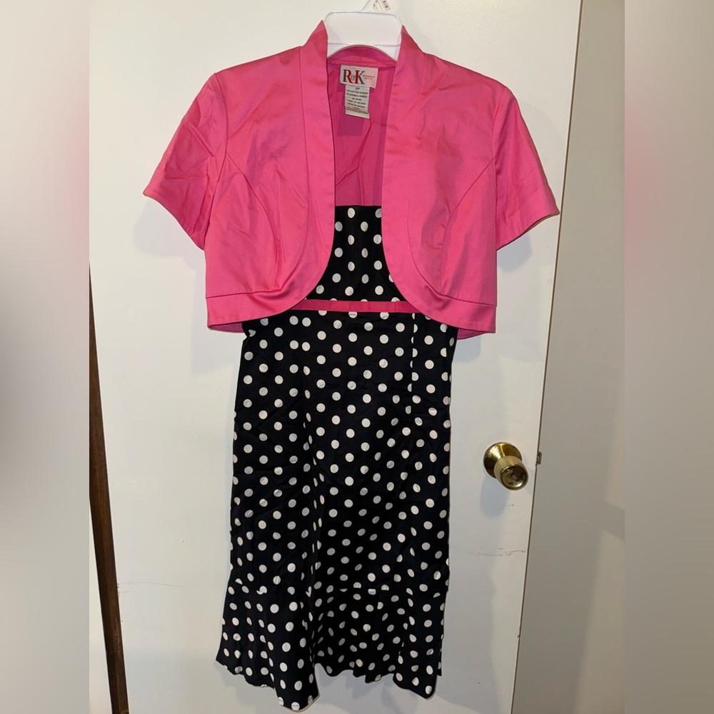 R&K Originals 2pc Polka Dot Midi Dress & Matching Pink Short Sleeve Jacket 6P
